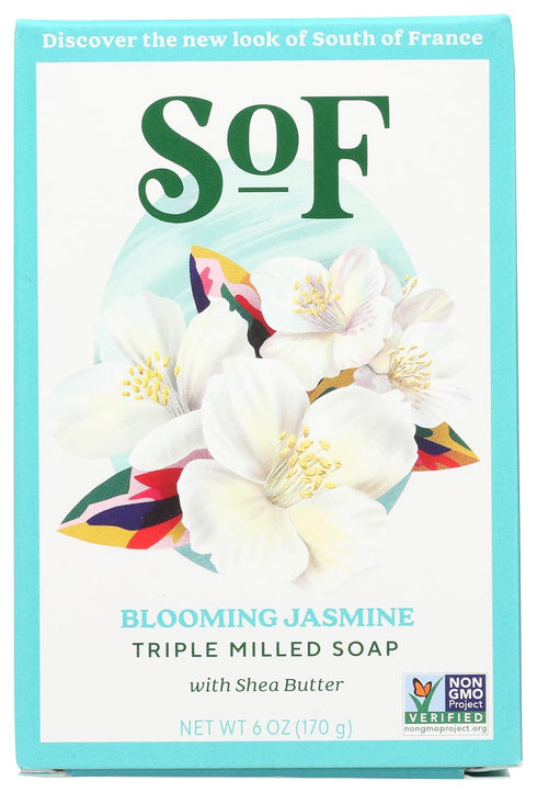 South Of France French Milled Vegetable Oval Bar Soap with Organic Shea Butter, Blooming Jasmine, 6 Ounce (Pack of 1)