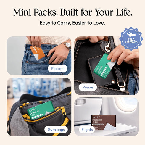 Pack 72 Count FOMIN Acidified Travel Deodorant Mini Wipes For Women & Men- Variety - - pH Balanced, Biodegradeable Mini