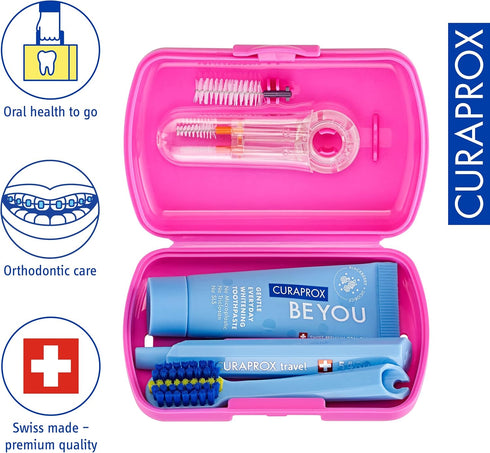 Set Set Curaprox Ortho Travel Braces & On-The-Go Care | Ultra Soft Brush + Whitening Toothpaste | Compact Pink