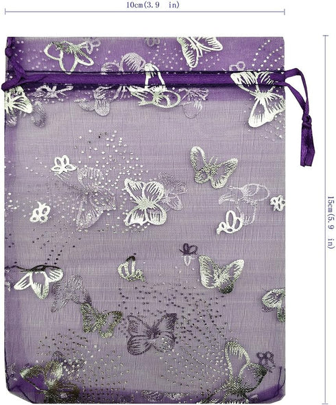 Ankirol 100pcs Sheer Organza Favor Bags, Purple Butterfly Print for Wedding Gift Bags, 4x6