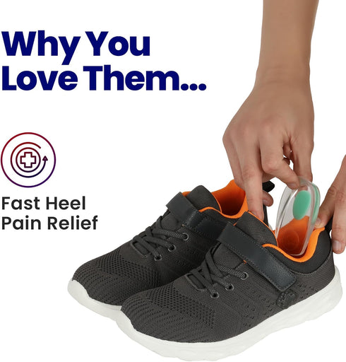 Kids Heel Cups & Inserts for Sever's Disease, Heel Pain Relief, Gel Cushions for Plantar Fasciitis, Size 2-5 (1 Pair)