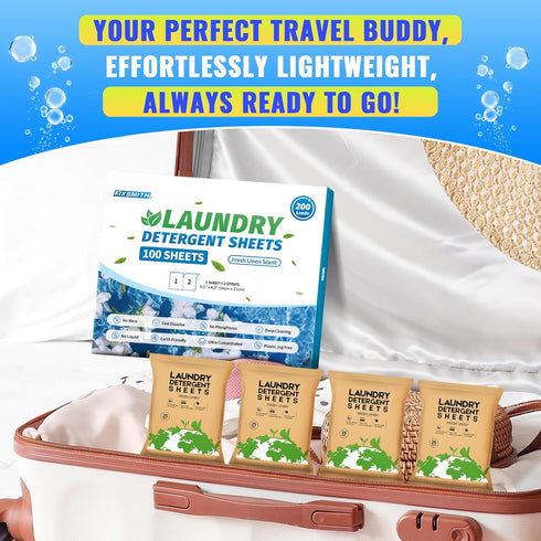 FIXSMITH Laundry Detergent Sheets - 200 Loads (100 Sheets), Fresh Linen Scent, Eco-Friendly, Plastic-Free, Travel Strips
