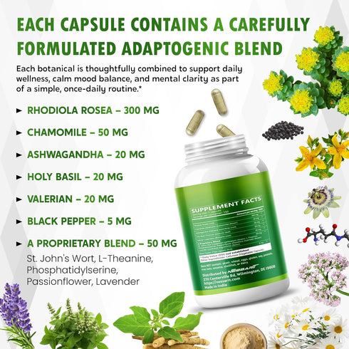 NESSARIT 11-in-1 150 Count RHODIOLA ROSEA Supplement- Natural Blend with Chamomile L-Theanine Ashwagandha Holy Basil