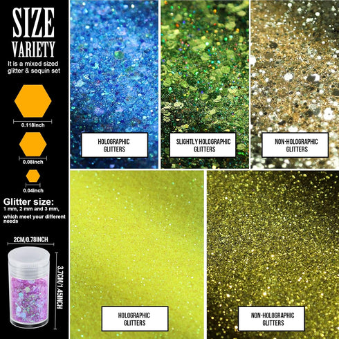 Teenitor Fine Glitters and Holographic Chunky Glitters 16+16pcs for Nails, Slime, Festival, Resin Tumblers, Body