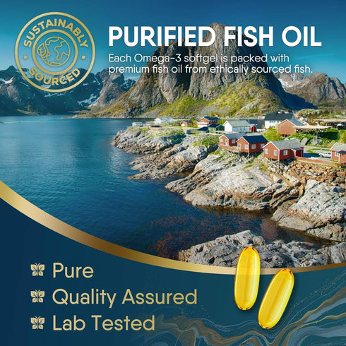 Triple Strength Omega 3 Fish Oil 60 Softgels, 2400 mg, Brain & Heart Health Support, EPA & DHA