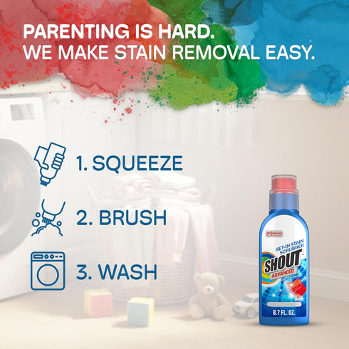 Set-In 8.7oz Shout Advanced Stain Remover Gel for Clothes Laundry, Ultra Concentrated Gel with Built-in Scrubber Brush