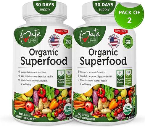 Organic Superfood Greens Fruits and Veggies Complex - Dietary Supplement with 14 Greens & 14 Fruits & Vegetables,