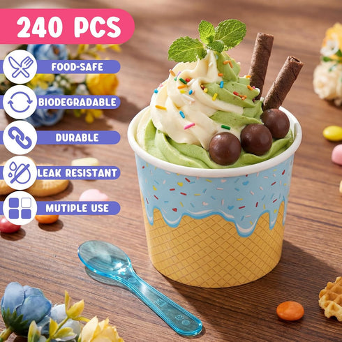 Jingmore 240 Set 4 oz Summer Paper Ice Cream Cups Bulk with Spoons Disposable Sundae Bowls Colorful Paper Dessert Cups