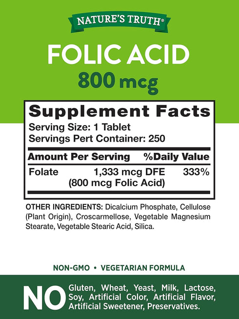Nature's Truth Folic Acid | 800 mcg | 250 Tablets | Vegetarian, Non-GMO & Gluten Free Supplement
