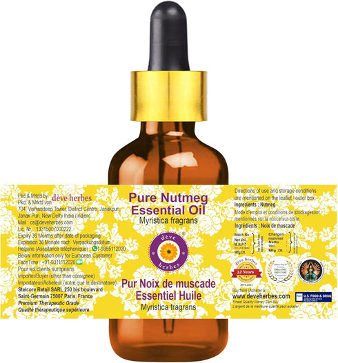 Deve Herbes Pure Nutmeg Essential Oil - 15ml (0.50 oz) with Glass Dropper, Steam Distilled