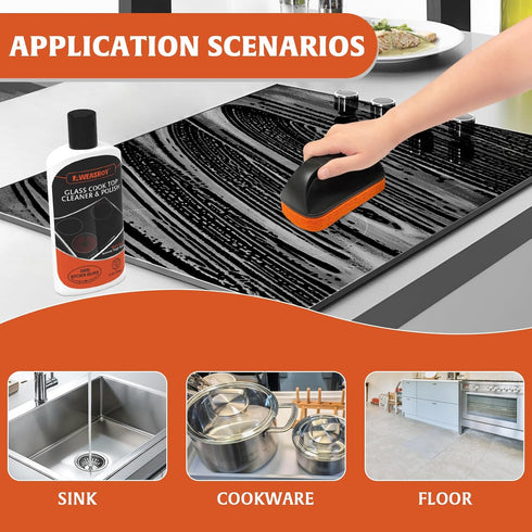 Glass Stove Top Cleaner Kit 12 oz, Non-Abrasive Cooktop Cleaner and Polish with Scrubbing Pad, Handle, Scraper, Cloth