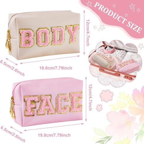 Patelai 2 Pcs Preppy Makeup Bags Chenille Letter Patch Bag Face Skin Hair Stuff Aesthetic Cosmetic Bag Travel Zipper Pouch Makeup Organizer Graduation Gift for Girls(White, Pink, Body, Face)