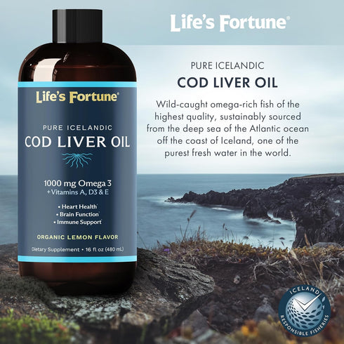 Life's Fortune Organic Cod Liver Oil Liquid, Lemon Flavor Supplement - High Potency Fish Oil Omega 3 DHA & EPA, 1000 mg