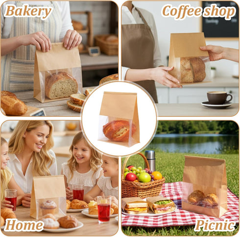 Xaajooio 100 Pack 11.3"x8.7"x4.3" Packaging Large Paper Bread Bags with Tin Tie Tab Lock, Bread Bakery Bags with Clear