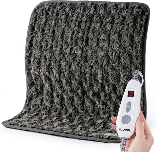Woomer Faux Fur Electric Heating Pad for Back Pain Relief, Extra Large 20” x 24”, Two-Sided, Moist Mode, 6 Adjustable