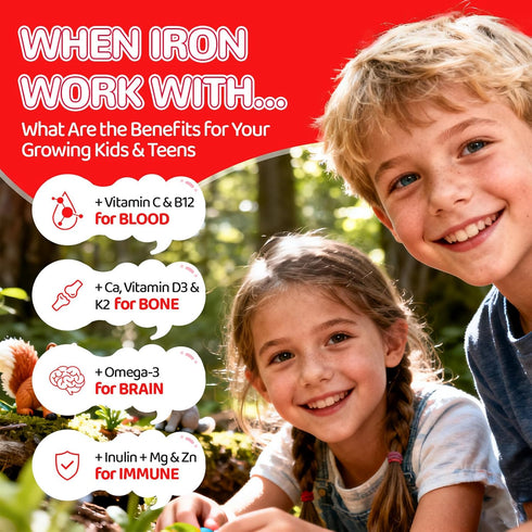Gummies D3, 60 Iron for Kids & Teens, Kids Multivitamin with Iron Supplement, Vitamin B Complex, A, C, Calcium, Zinc