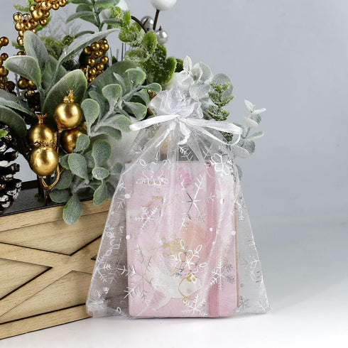 SUNGULF 100pcs Snowflake Organza Pouch Bag - Drawstring Strong Christmas Gift Candy Jewelry Party Wedding Favor Bags