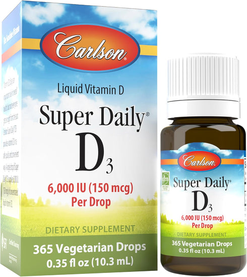 Carlson Super Daily D3, 6000 IU (150 mcg) Liquid Vitamin D3, 1-Year Supply, Non-GMO, Unflavored, 365 Vegetarian Drops