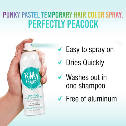 Punky Pastel Temporary Hair Color Spray, Perfectly Peacock, Fast-Drying, Non-Sticky, Travel Size Hair Dye, 3.5 oz
