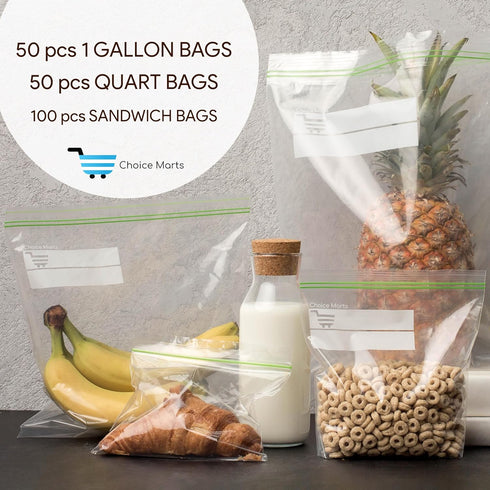 Zipper Bags Variety Pack, 50 Gallon Bags, 50 Quart Bags, 100 Sandwich Snack Bags, Total 200 Bags