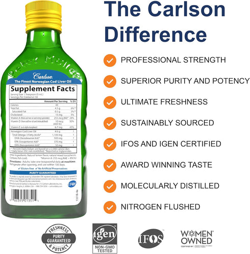 Carlson Cod Liver Oil, 1100 mg Omega-3s, Sustainably Sourced Nordic Liquid Fish Oil, Lemon, 250 ml