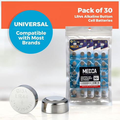 MEDca 1.5V Alkaline Batteries - LR44 AG13 357 303 SR44 Button Coin Cell for Hearing Aids, Toys, Remotes, 30 PCS