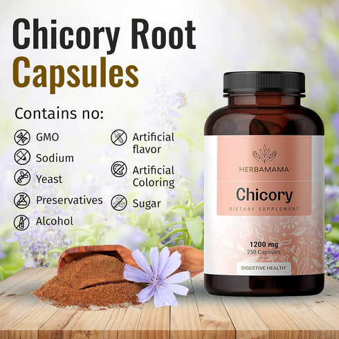 HERBAMAMA Organic Chicory Root Supplement - 250 Capsules for Digestion, Gut Health & Liver Support with Inulin