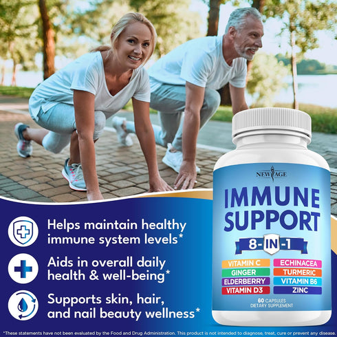 NEW AGE 8 in 1 Immune Support Booster Supplement, Echinacea, Vitamin C, Zinc, Vitamin D, Turmeric, Elderberry, 120 Count