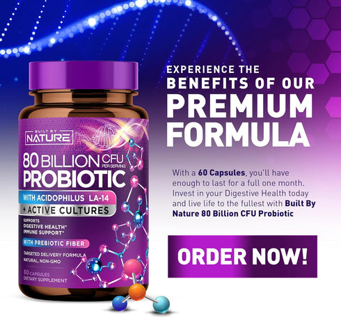 80 Billion CFU Probiotic - Daily Digestive Supplement for Men & Women, Non-GMO, Gluten & Dairy Free, 60 Capsules