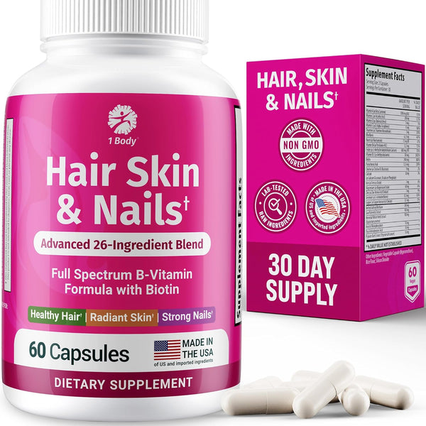 1 Body Hair Skin and Nails Vitamins with Biotin – 60 Vegan Capsules – 26 Vitamins, Minerals and Herbal Extracts
