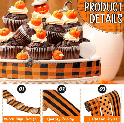 3 Rolls Christmas Burlap Ribbon Orange and Black Plaid Wrapping Wired Ribbons Autumn Christmas Dot Pattern Striped Ribbons for Home DIY Crafts Party Decoration, 2.5 Inch x 15 Yards by Wiaxin