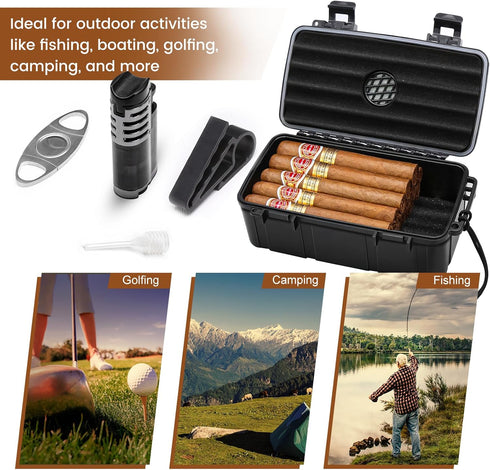 Flauno Travel Cigar Humidor - Portable Cigar Case Kit with Lighter (Without Gas), Cutter, Holder, Humidifier & Dropper,