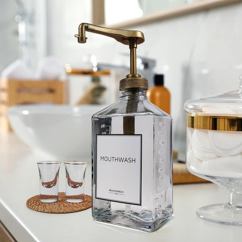eBun Goldengleam 37oz Mouthwash Dispenser for Bathroom, Gold Plastic Pump, Glass Mouthwash Bottle with Cups