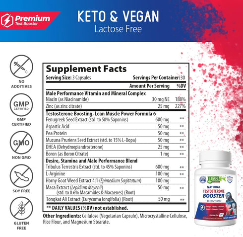 Testosterone Booster for Men, Total Male Test Supplement, Keto Vegan, 90 Caps with Tongkat Ali, Horney Goat Weed,