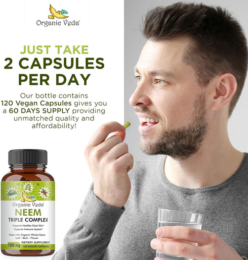 Organic Veda Neem Capsules, Triple Complex Neem Leaf Extract, 120 Count Herbal Supplement for Immunity & Skin Health