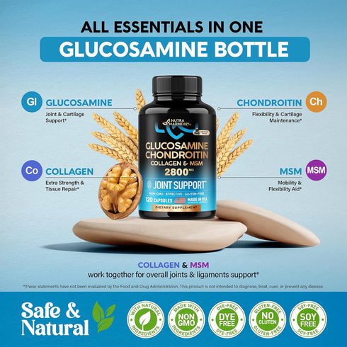 Glucosamine Chondroitin MSM Collagen | 120 Capsules Joint Support Supplement 2800 mg Made in USA