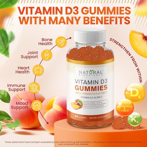 Sugar Free Vitamin D3 K2 Gummies - 5000 IU D3 + 80 mcg K2, Gluten-Free, Non-GMO, Natural Peach Flavor