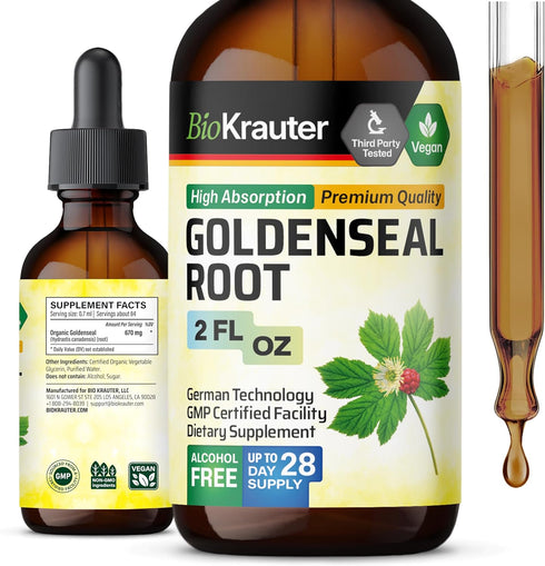Goldenseal Root Supplement Drops, 2 Fl.Oz., Organic Goldenseal Tincture, Vegan, Alcohol & Sugar Free Liquid Extract