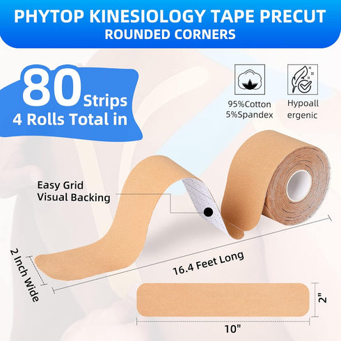 Kinesiology Tape Precut Strips - 4 Rolls Precut Muscle Support & Pain Relief Sport Tape, Waterproof & Breathable