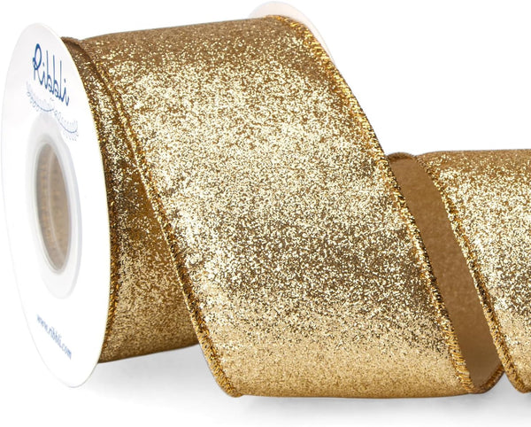 Ribbli Gold Glitter Wired Ribbon, 2-1/2 Inch x 10 Yards, Gold Metallic Edge, Christmas Wreath, Tree Decoration, Home