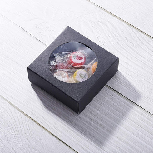 BENECREAT 24 Pack Black Kraft Paper Boxes with Clear Window, 3x3x1.2 for Bakery Cookies Cake Candy Gift Packaging