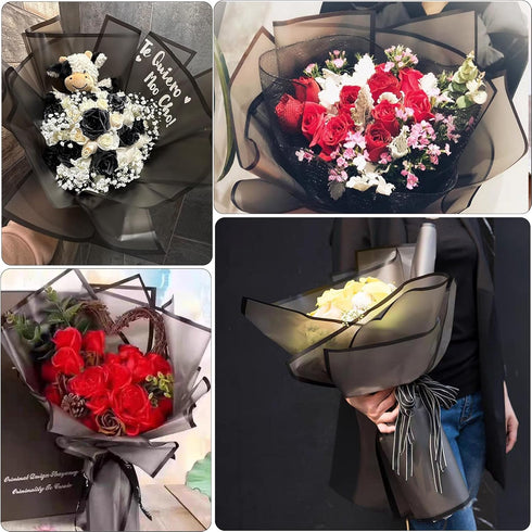 VOWOVOSDAY 20 Pcs Black Flower Wrapping Paper, Waterproof Floral Bouquet Packing Material with Ribbon for DIY Craft Gift