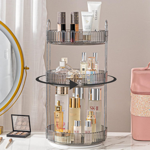 Rotating Makeup Organizer for Vanity, 3 Tier High-Capacity Skincare Clear Storage, Perfume Organizers Cosmetic Dresser