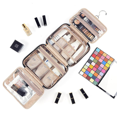 NISHEL Travel Toiletry Bag for Women - Portable Hanging Organizer for Full-Sized Shampoo, Conditioner, Brushes Set,