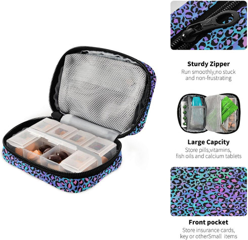 Ollabaky 7 Colorful Cute Leopard Print Pill Case, Portable Weekly Pill Box Bag Container Days Pill Organizer Vitamin