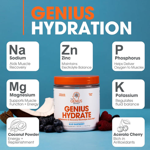 Genius Hydrate Powder Drink Mix - Blue Raspberry, 50 Servings, Natural Electrolyte Hydration Booster, Sugar Free