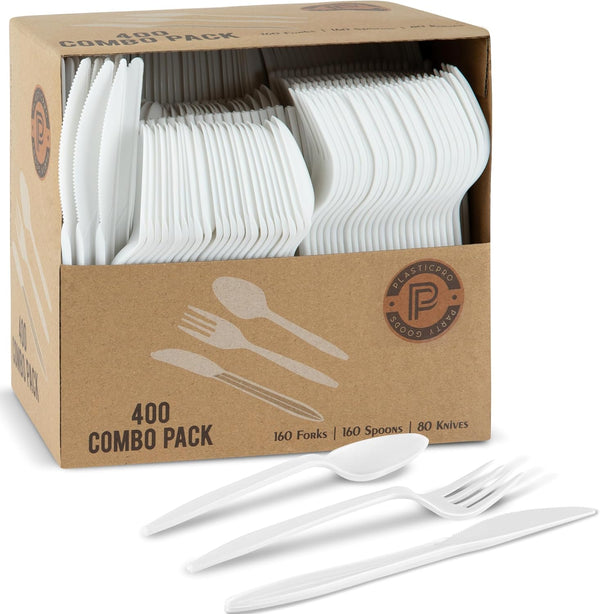 PLASTICPRO 400 Pack Disposable Plastic Utensils - Assorted Colored Cutlery Combo Set for Parties