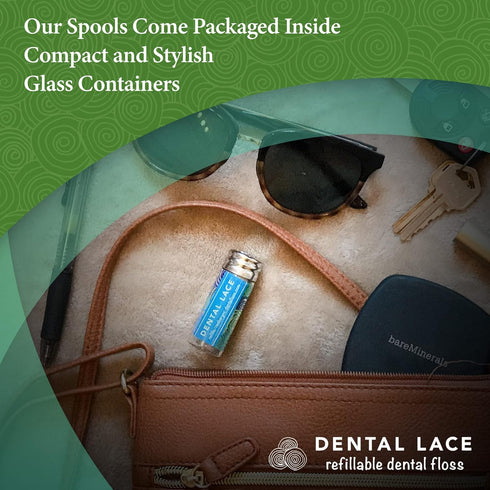 Refillable Silk Dental Floss – 100% Silk Floss with Mint Flavor, Includes 1 Refillable Glass Container and 2 Spools