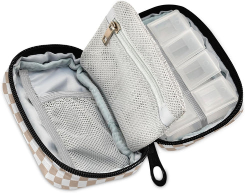WEVIBOFU 7 Weekly Pill Organizer, Brown White Checkered Pill Case Day Travel Medicine Organizer Box for Vitamin