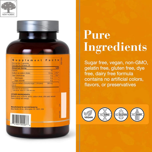 NEW NORDIC Turmeric Curcumin Gummies | Sugar Free | 300 mg Turmeric Supplement for Men and Women | 60 Count Supports